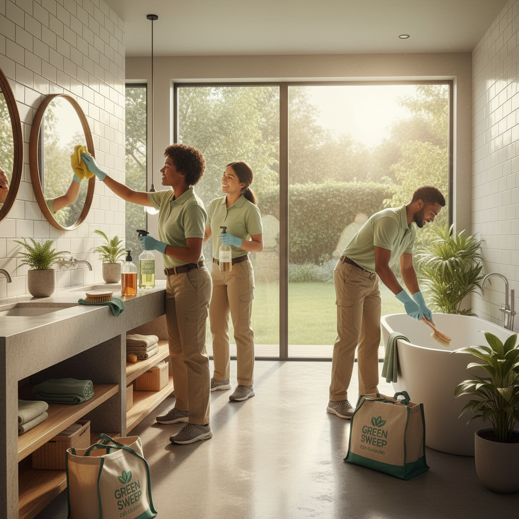 Team cleaning bathroom with eco products