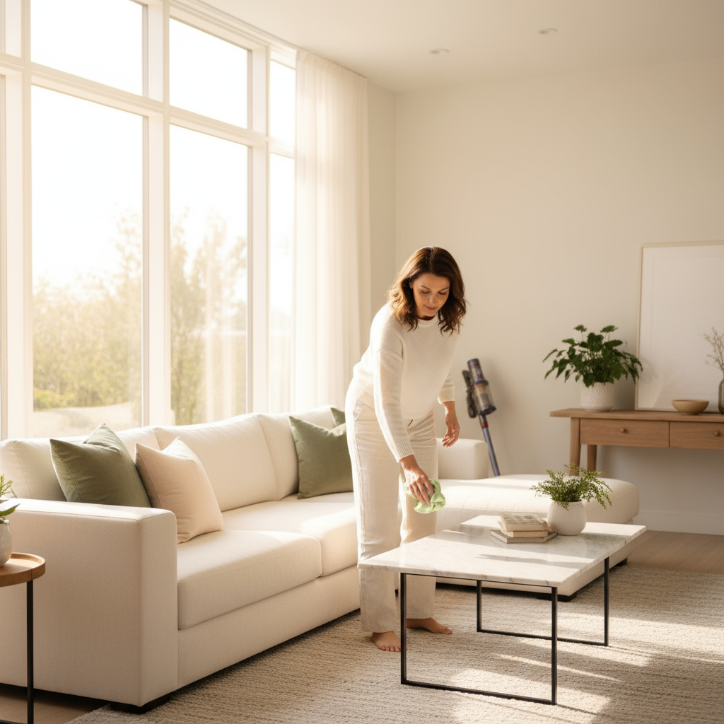 Michelle cleaning a bright home